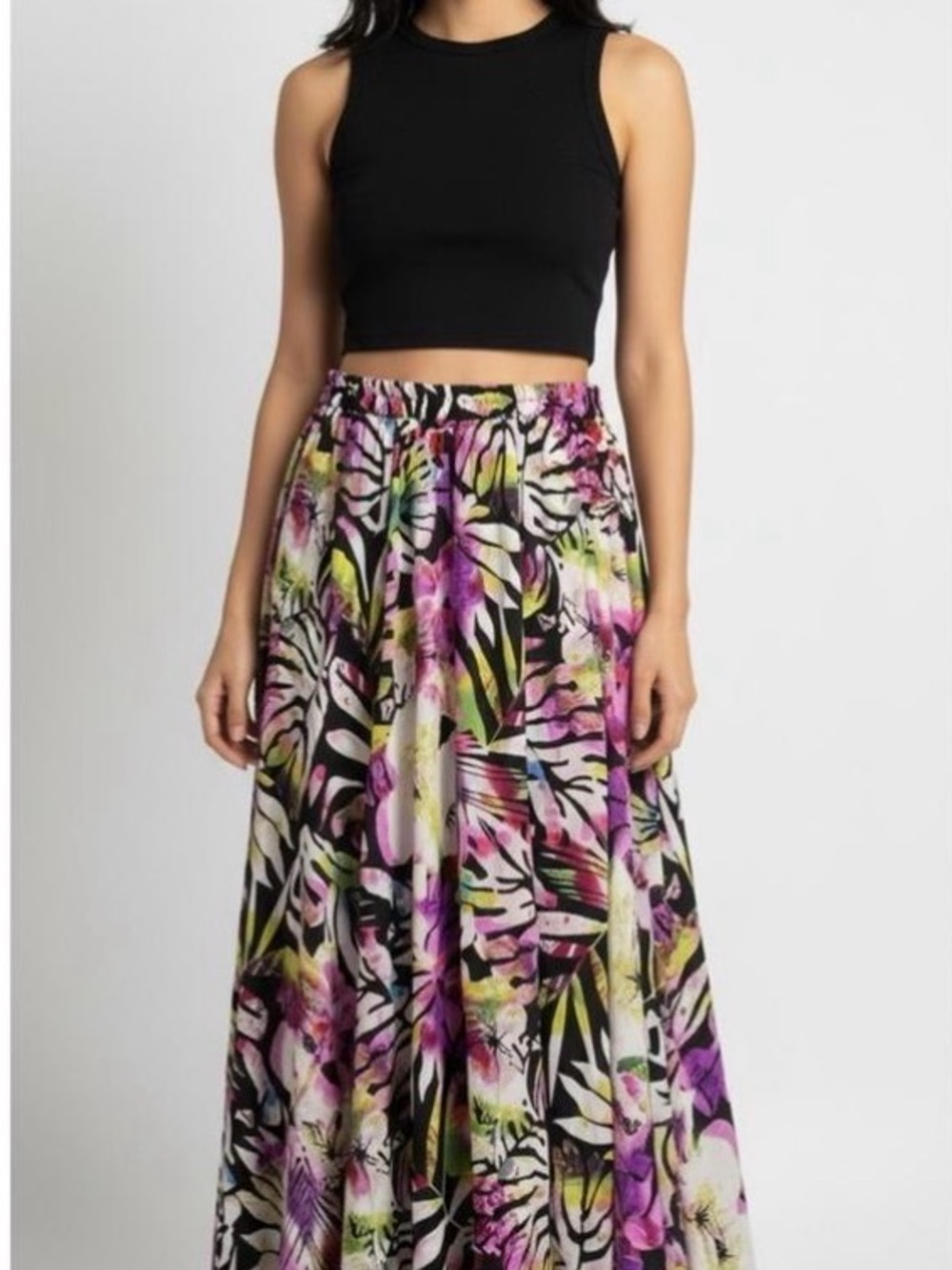 Floral Print Maxi Skirt - Black, Purple & Green